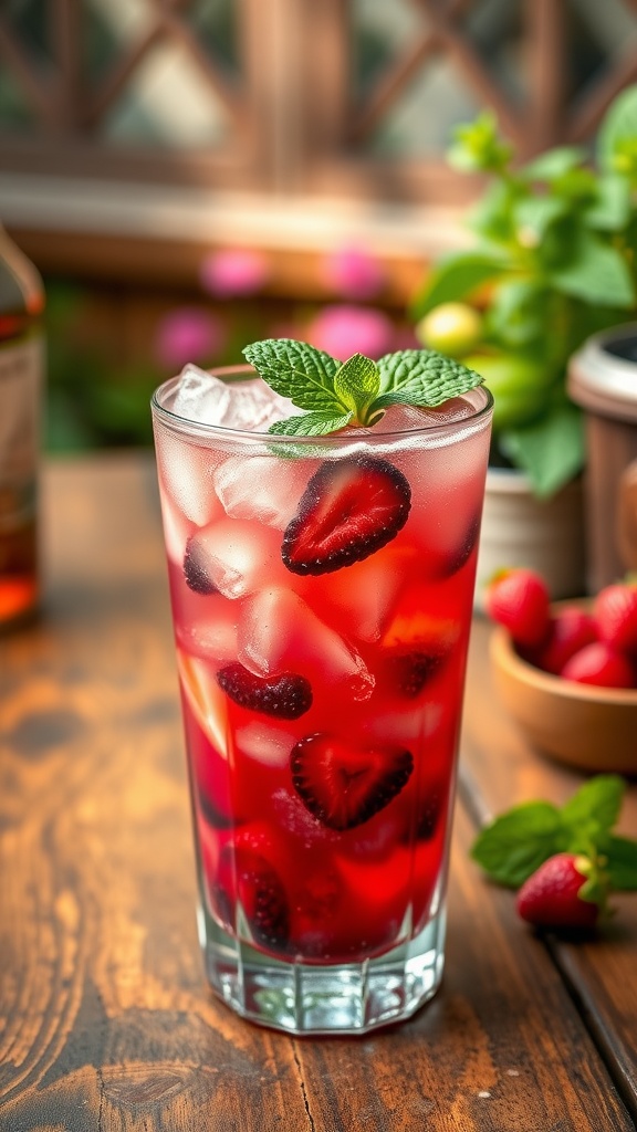 A refreshing Bourbon Berry Smash cocktail with muddled berries and mint on a rustic table.